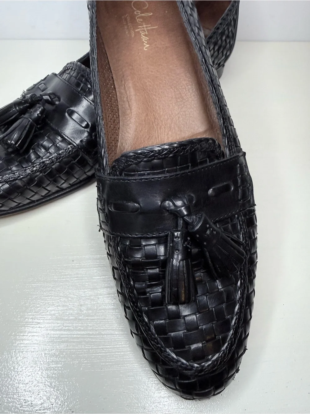 Cole Haan Black Woven Leather Tassel Loafers